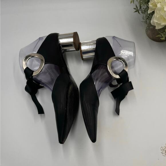 Proenza Schouler Black Leather Grommet Tie Block Mirrored Mules Heel Sz 41/10 - Picture 5 of 12
